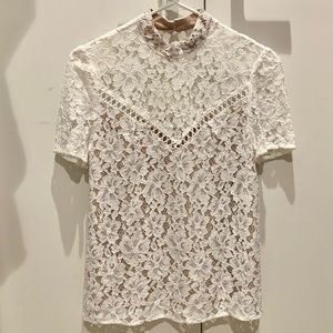 Wayf Mock Neck Short Sleeve White Lace Top